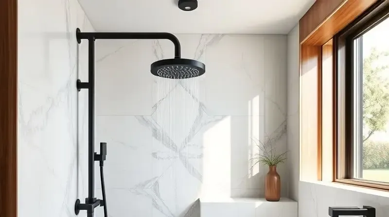 Chuveiro com acabamento preto fosco em um banheiro de luxo com mármore, destacando como o design do produto combina com a decoração.
