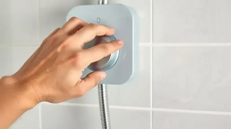 Mão de uma pessoa ajustando o seletor de temperatura de um chuveiro branco para uma configuração mais econômica durante o inverno.