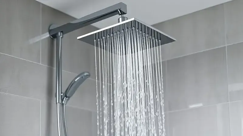 Chuveiro Lorenzetti Acqua Ultra em pleno funcionamento, destacando o jato de água abundante e o design moderno do aparelho em um banheiro contemporâneo.