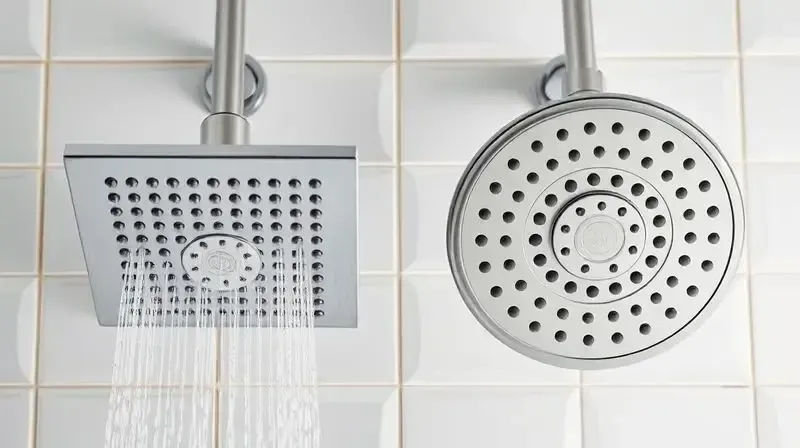 Comparativo entre dois modelos de duchas modernas em uma parede de azulejos, ilustrando a análise das melhores opções do mercado.