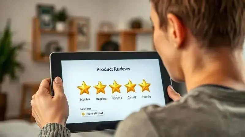 Pessoa sorrindo ao ler avaliações de clientes em um tablet, com cinco estrelas douradas em destaque, representando a opinião positiva dos usuários.