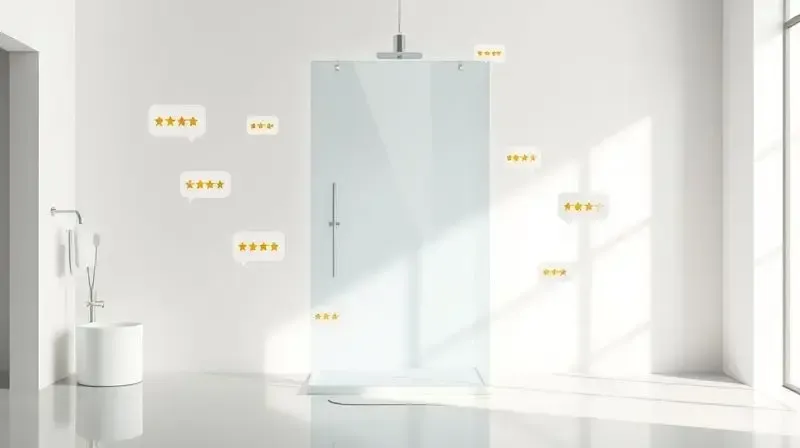 Representação visual de avaliações de usuários e estrelas flutuando em torno de uma ducha minimalista.