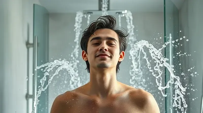 Pessoa sorrindo e relaxando em um banho com chuveiro de alta pressão, transmitindo bem-estar.