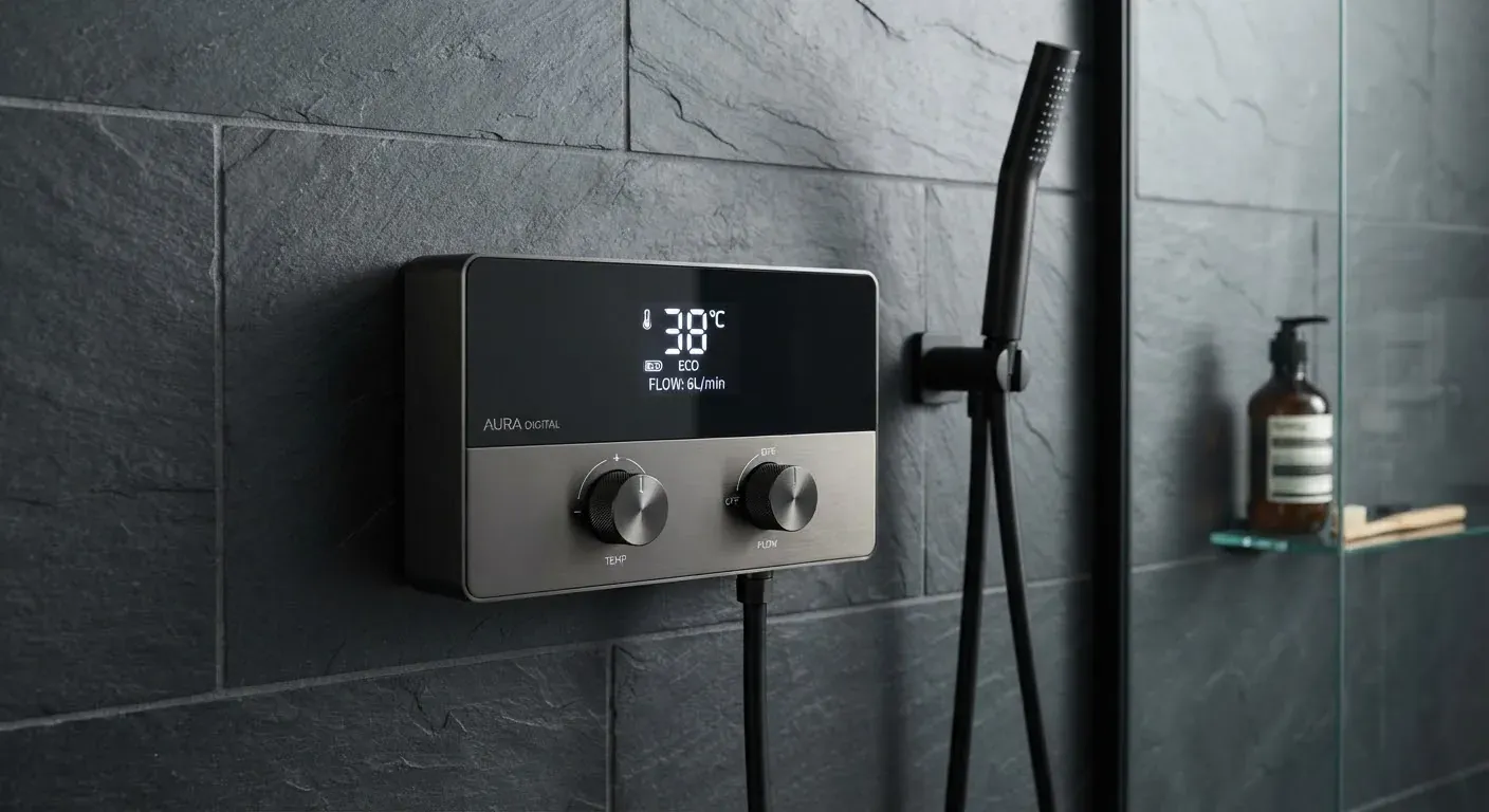 Chuveiro elétrico digital montado em parede de ardósia escura