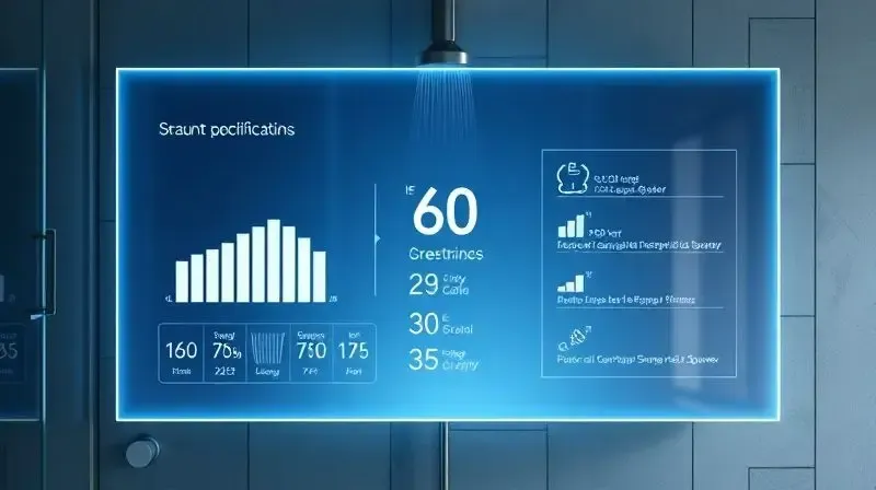 Gráfico conceitual futurista mostrando características e ficha técnica de uma ducha elétrica com dados visuais.
