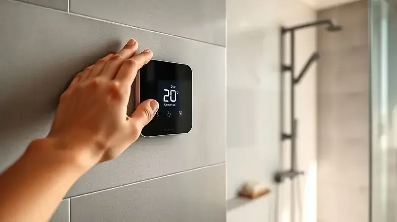 Mão ajustando o controle de temperatura eletrônico de um chuveiro moderno, um recurso extra que oferece mais conforto e precisão no banho.
