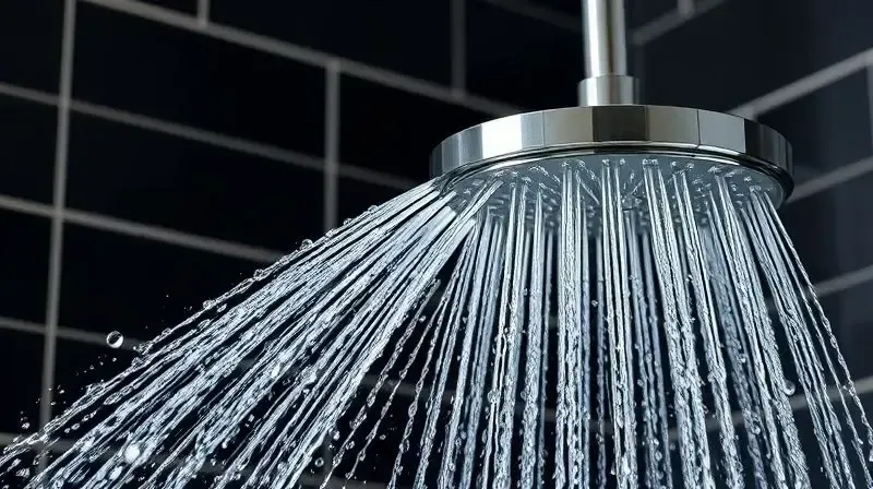 Jato de água forte saindo de uma ducha moderna, demonstrando um chuveiro com pressurizador e alta pressão de água.