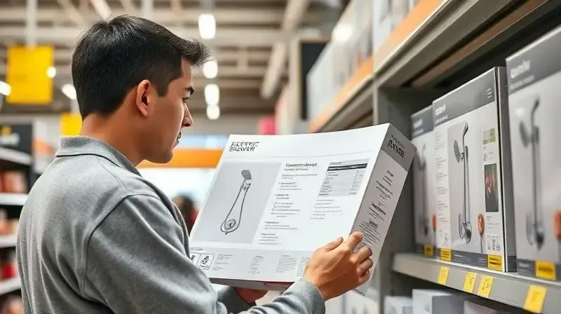 Pessoa em loja de construção escolhendo um chuveiro novo, lendo com atenção as informações de potência e voltagem na embalagem do produto.