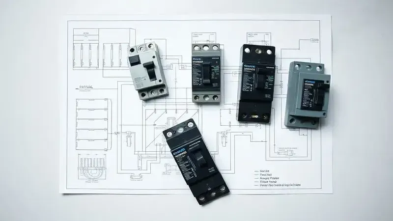 Vários modelos de disjuntores organizados sobre uma planta de projeto elétrico, simbolizando como escolher o disjuntor ideal para cada necessidade.