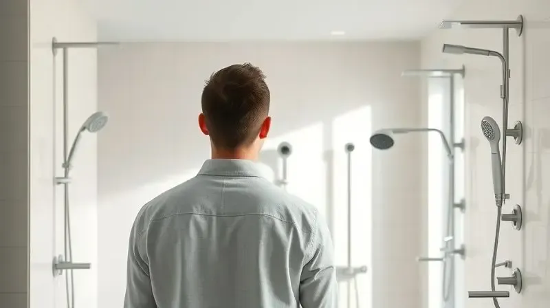 Pessoa em um banheiro moderno escolhendo entre diferentes modelos de duchas, simbolizando o processo de como escolher a ducha Cardal ideal.