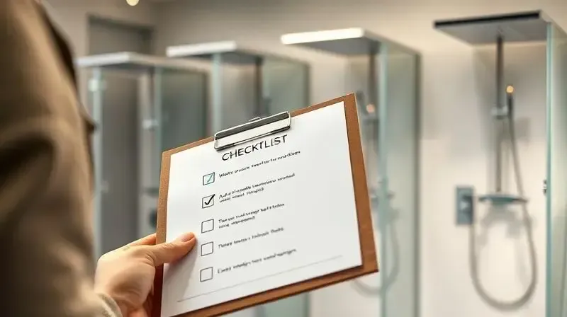 Pessoa utilizando um checklist para comparar e escolher o melhor chuveiro híbrido com base em critérios como pressão e controle de temperatura.