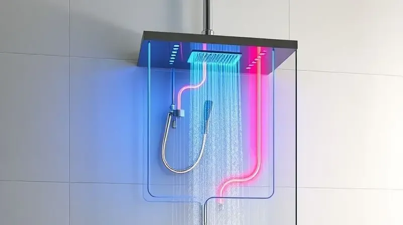 Diagrama conceitual do funcionamento de um chuveiro híbrido, mostrando a combinação de água pré-aquecida e aquecimento elétrico para máxima eficiência.