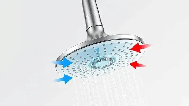 Infográfico 3D mostrando o funcionamento interno de uma Ducha Pratik, com o fluxo de água fria e o aquecimento da resistência elétrica.