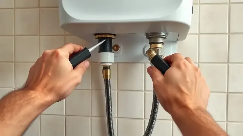 Mãos de um instalador utilizando ferramentas para conectar as mangueiras de água a um aquecedor elétrico instalado na parede.