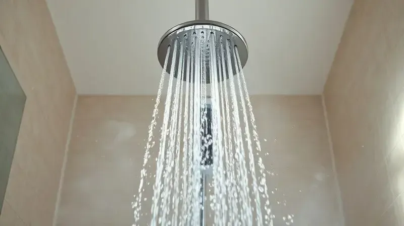 Jato de água quente e vapor saindo de um chuveiro, criando uma atmosfera de conforto e relaxamento durante o banho.