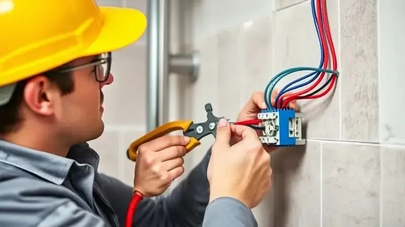 Eletricista profissional realizando a instalação segura da fiação do chuveiro, mostrando a importância de contratar um especialista qualificado.
