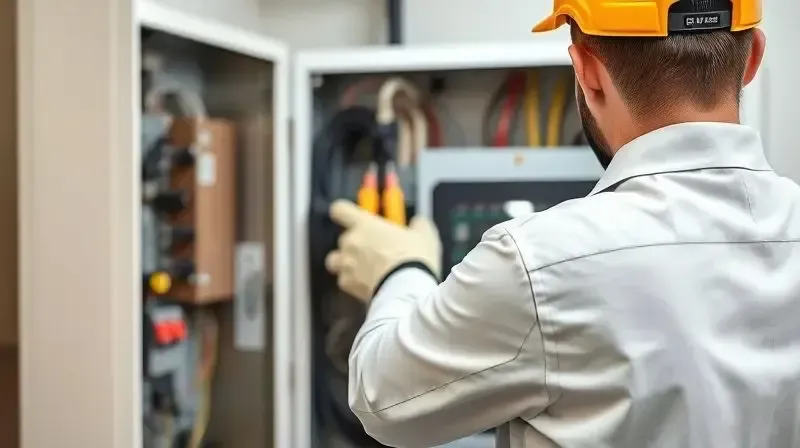 Um eletricista profissional e qualificado trabalhando com segurança em um quadro de distribuição de energia para solucionar um problema elétrico.