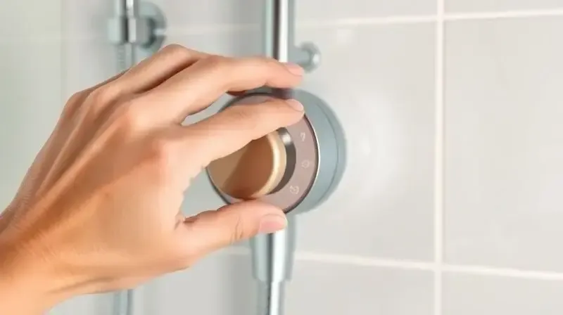 Mão ajustando o seletor de controle de temperatura de um chuveiro elétrico moderno, demonstrando a facilidade de uso e a precisão do aquecimento.