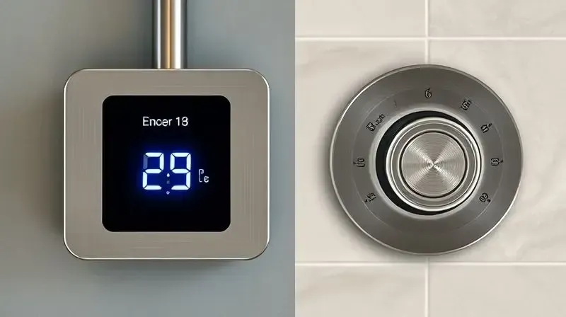 Comparativo entre painel digital e botão giratório de chuveiro, ilustrando controle eletrônico e multitemperatura.