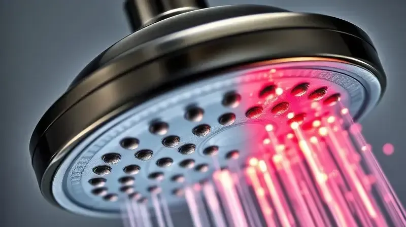Ilustração de critérios de avaliação de chuveiros, com foco em um close-up na qualidade do material e tecnologia de aquecimento.