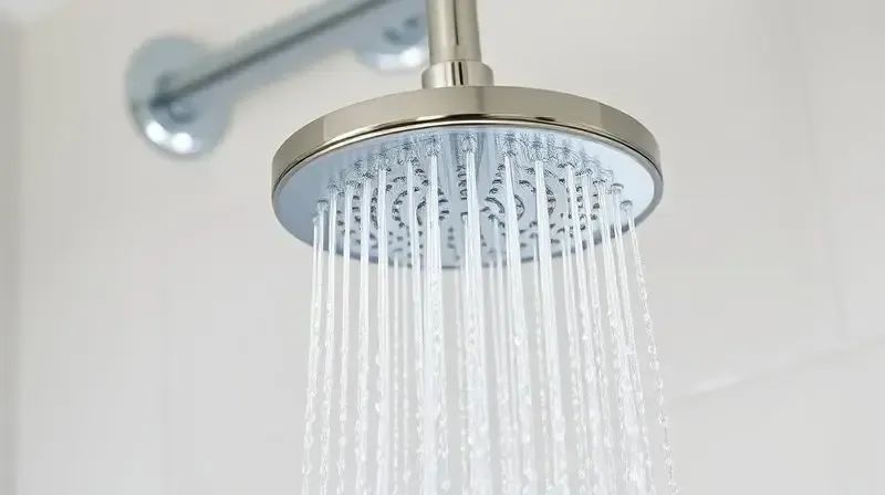 Chuveiro moderno funcionando perfeitamente em um banheiro limpo, com jatos de água cristalina, ilustrando a vida útil prolongada do aparelho.