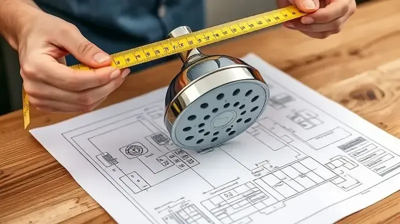 Mãos medindo as dimensões de um chuveiro com uma fita métrica sobre um desenho técnico do produto em uma bancada.