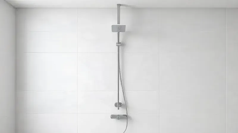 Ducha elétrica moderna instalada em um banheiro contemporâneo com azulejos de mármore, mostrando o design do produto e sua integração com o ambiente.
