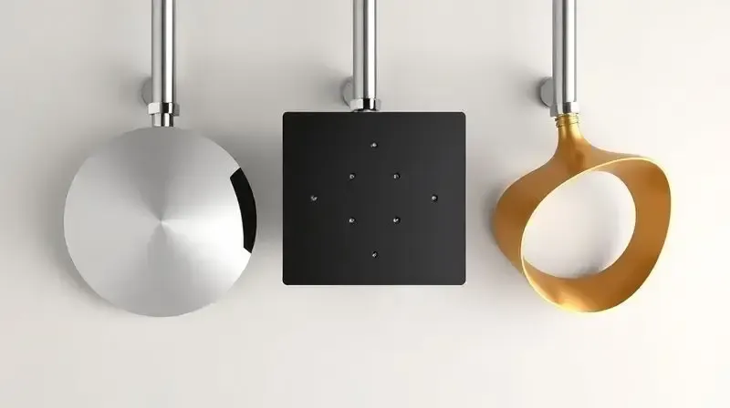 Três chuveiros de design diferente - redondo, quadrado e orgânico - em acabamentos cromado, preto fosco e dourado, para inspirar a escolha do estilo.