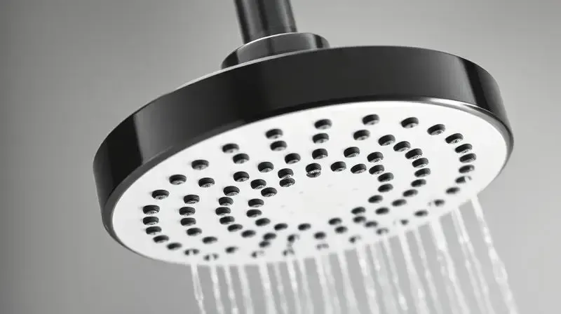 Detalhe de uma ducha elétrica moderna e sem marca, realçando a textura e design do produto em close-up.