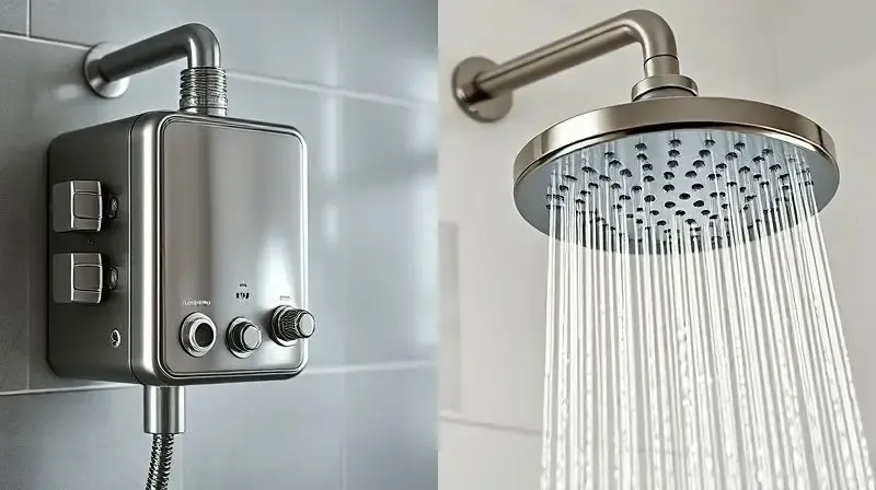 Comparação visual de um chuveiro elétrico tradicional e uma ducha moderna, ilustrando as diferenças entre eles.