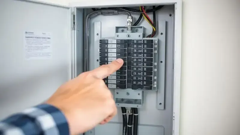 Mão de um eletricista apontando para o disjuntor correto para o chuveiro em um quadro de distribuição de energia residencial.