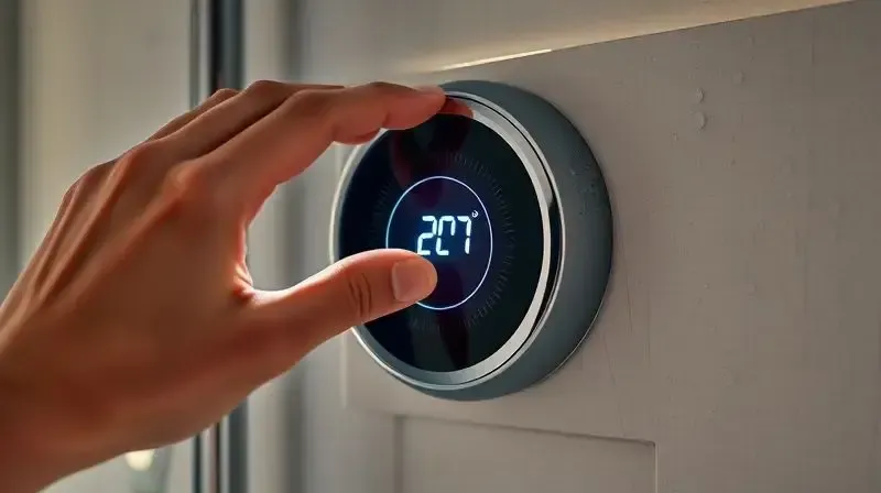 Mão ajustando o controle de temperatura digital de uma ducha elétrica moderna, destacando a facilidade de uso e a tecnologia de aquecimento preciso.