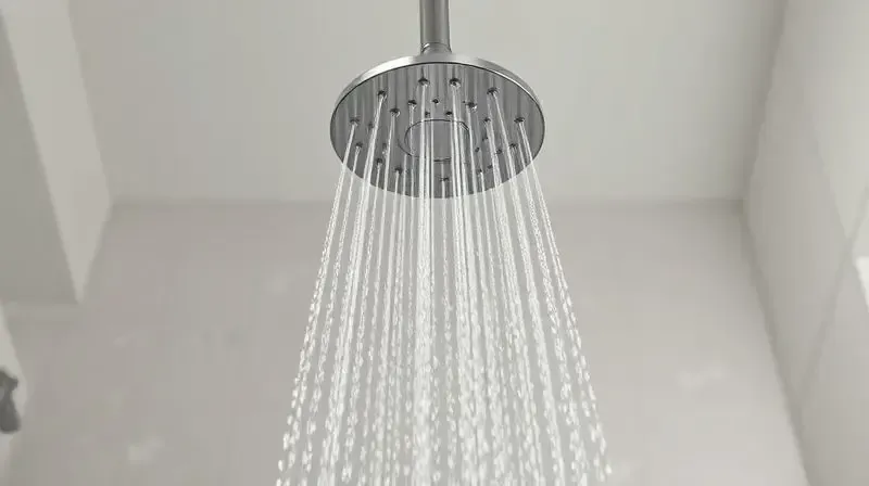Jato de água quente e relaxante saindo de uma ducha moderna em um banheiro limpo, ilustrando a experiência de uso da Lorenzetti Relax.