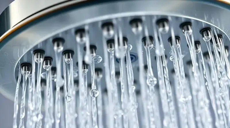 Close-up de um espalhador de chuveiro moderno com jatos de água uniformes, demonstrando uma vazão ideal para uma experiência de banho relaxante.