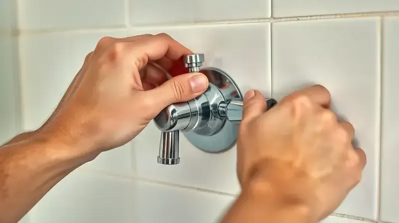Mãos de uma pessoa fechando um registro de água cromado na parede de azulejos, um passo importante para tirar o ar do chuveiro.