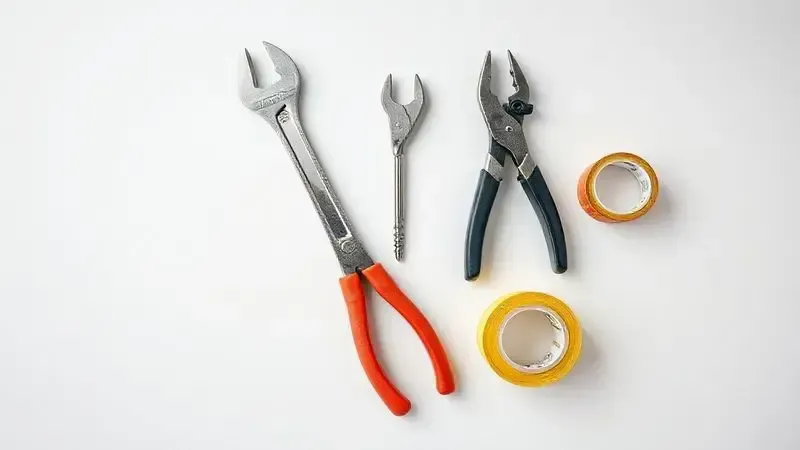 Ferramentas e materiais para instalação de chuveiro, como alicates, fita veda-rosca e chave de fenda, organizados sobre uma superfície limpa.