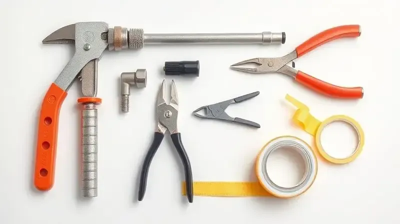 Ferramentas essenciais para instalar um chuveiro, organizadas em uma bancada: alicate, chave de grifo, fita veda-rosca e fita isolante.