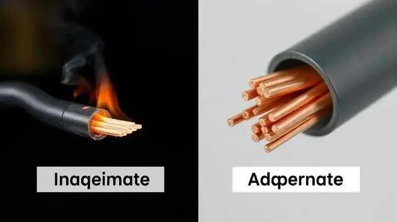 Comparativo de segurança entre uma fiação de chuveiro subdimensionada, fina e perigosa, e uma fiação adequada, grossa e segura.