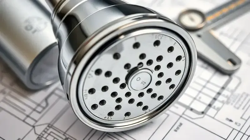 Componentes internos e ficha técnica de um chuveiro elétrico, com peças organizadas sobre uma planta de engenharia para ilustrar a análise do produto.
