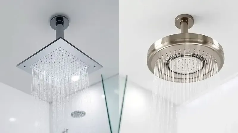 Comparativo de design entre um chuveiro de teto quadrado e um redondo instalados em um banheiro moderno.