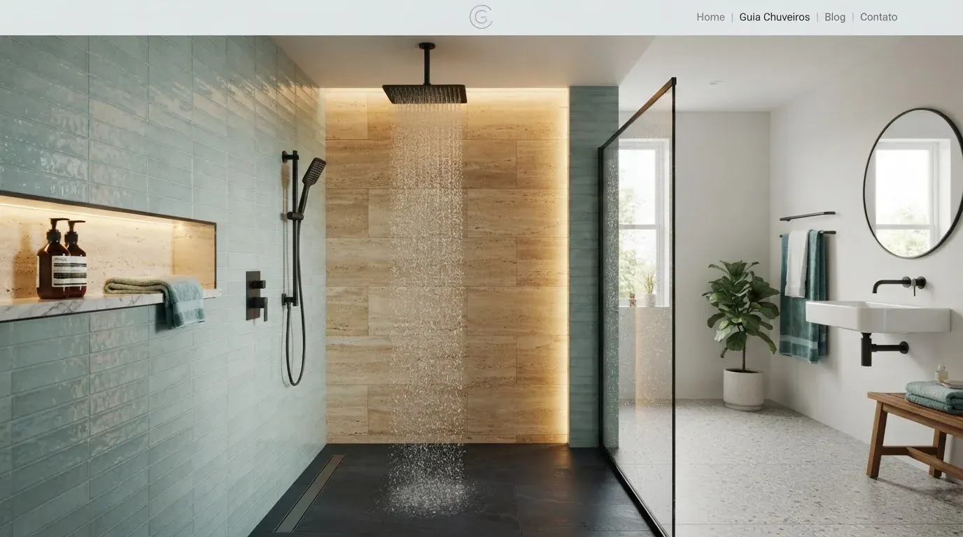 Ducha de canto com chuveiro de chuva e iluminação ambiente em banheiro contemporâneo