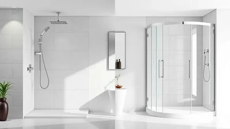 Comparativo visual entre uma hidromassagem vertical elegante e uma cabine de banho fechada, destacando as diferenças de design e espaço.