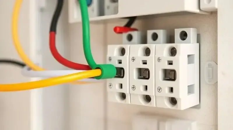 Detalhe da conexão correta do fio terra, de cor verde, no sistema de aterramento de um chuveiro elétrico para garantir a segurança dos usuários.