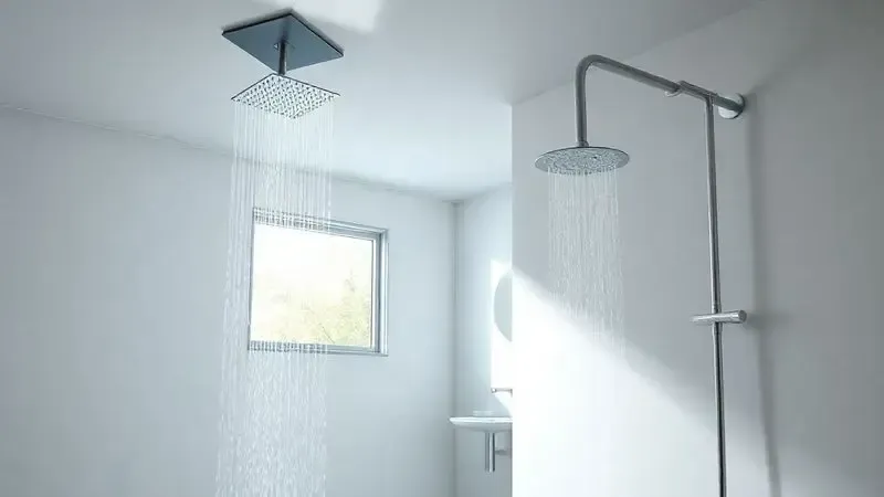 Banheiro moderno exibindo as duas opções de instalação: um chuveiro de teto estilo chuva e um chuveiro de parede, ajudando na escolha ideal.