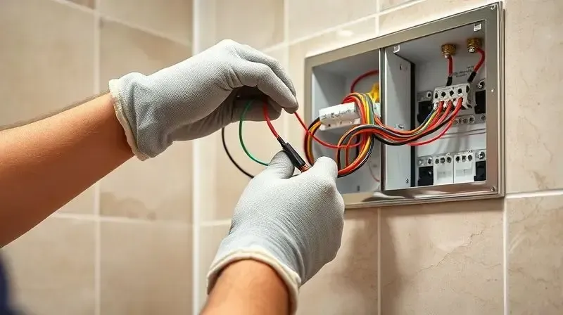 Eletricista profissional realizando a instalação segura de um chuveiro elétrico, conectando os fios na parede do banheiro.