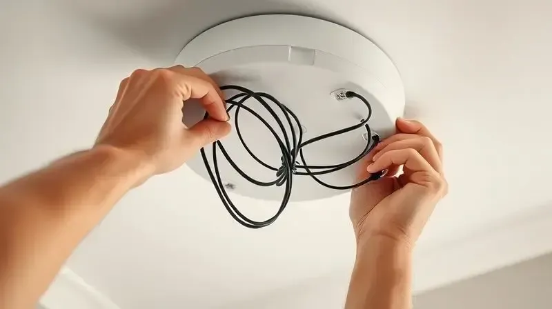 Mãos de um instalador profissional conectando os fios elétricos para a instalação segura de um novo chuveiro no banheiro.