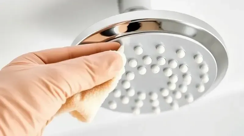 Pessoa limpando os bicos de um chuveiro de teto para ilustrar a manutenção e garantir seu bom funcionamento.