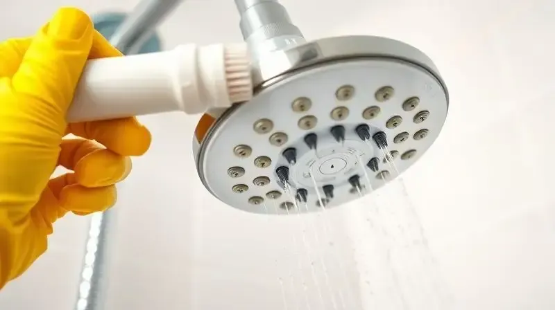 Pessoa com luva de borracha limpando os bicos de um chuveiro com uma escova, ilustrando dicas de manutenção e limpeza.