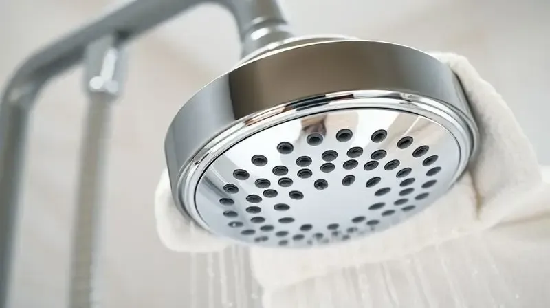 Ducha higiênica cromada brilhando ao ser limpa com um pano de microfibra, mostrando a importância da manutenção para durabilidade.