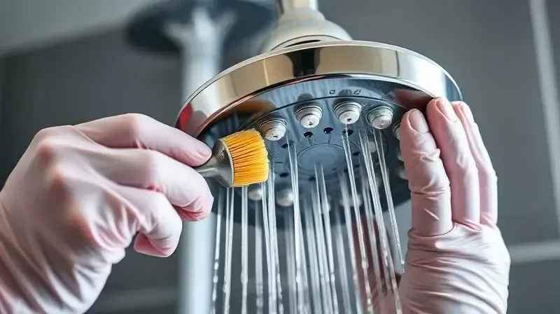 Pessoa com luvas de proteção realizando a limpeza e manutenção preventiva em um chuveiro elétrico para garantir seu bom funcionamento.